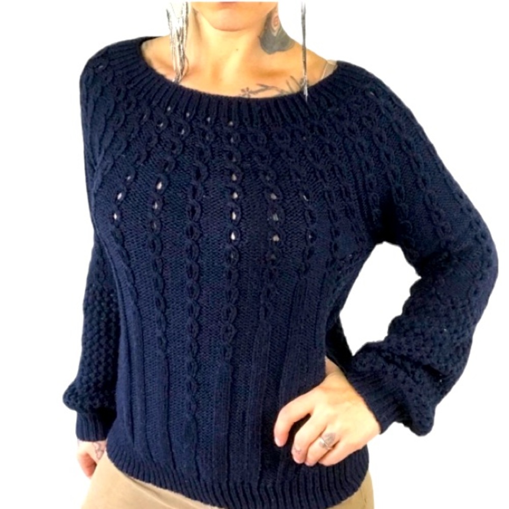 Anthropologie Guinevere Purl-Wise Navy Blue Crew Neck Alpaca Wool Knit Sweater M